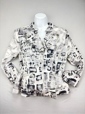 Just B Women’s Jacket Black White Abstract Print Ruffle Neck Full Zip SiZe L